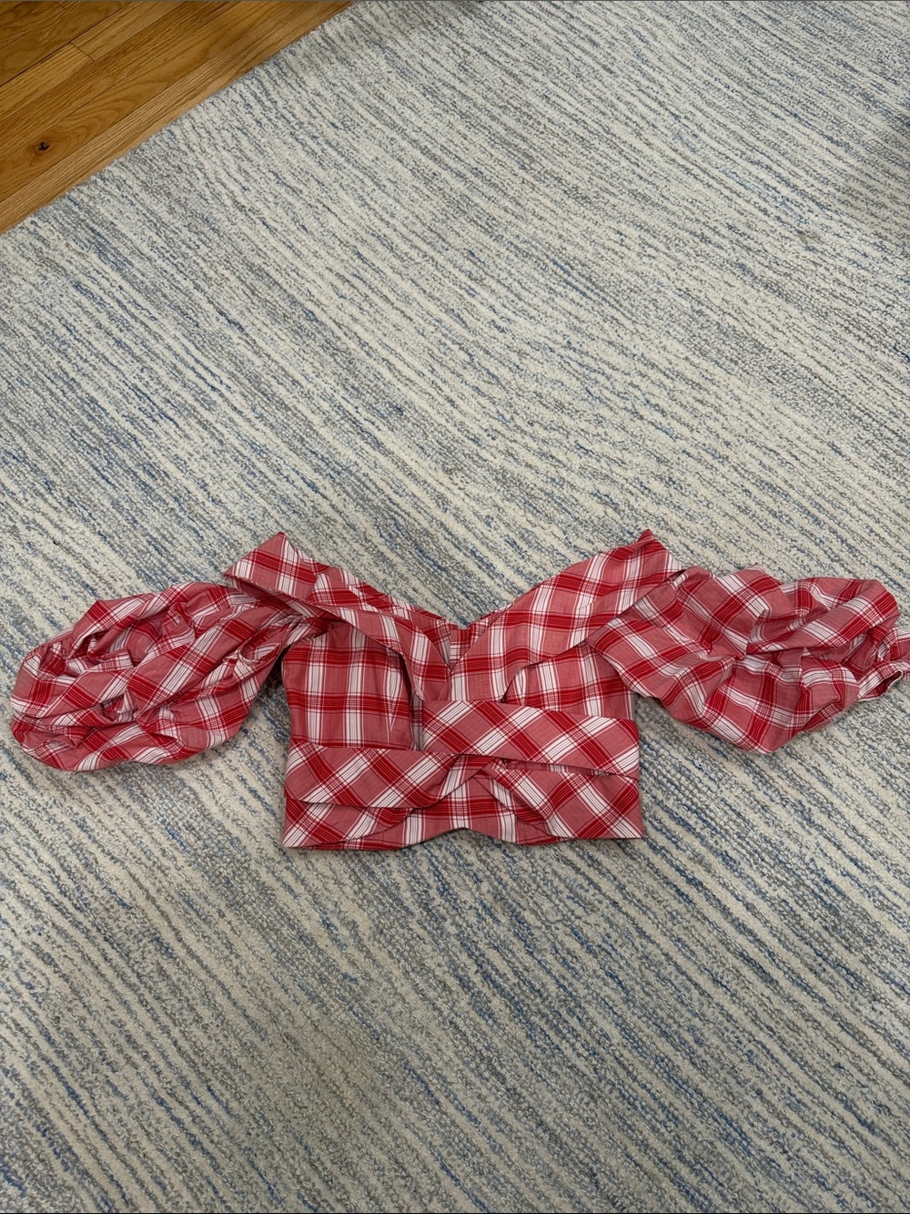 Johanna Ortiz Red and White Plaid Off-Shoulder Crop Top